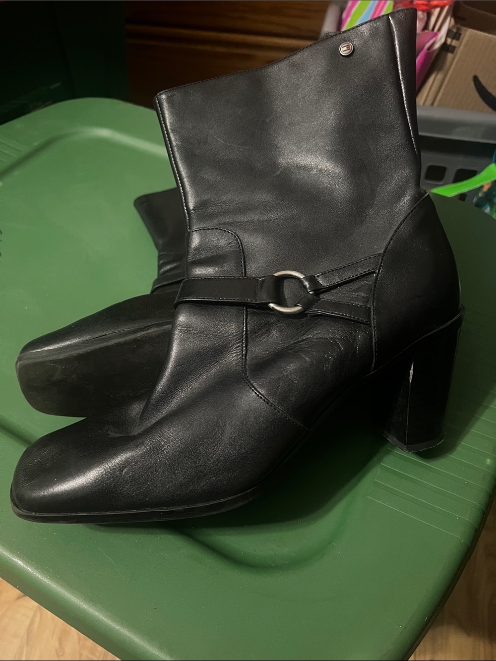 Tommy Hilfiger Black Leather Block Heel Ankle Boots